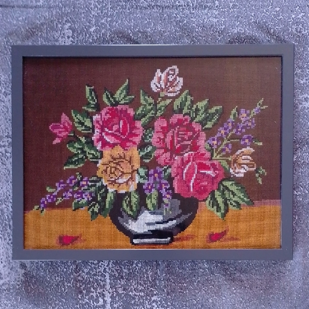 Vintage Needlepoint Art with Red, Pink, Yellow, Green Blooms - Picture 2 of 8